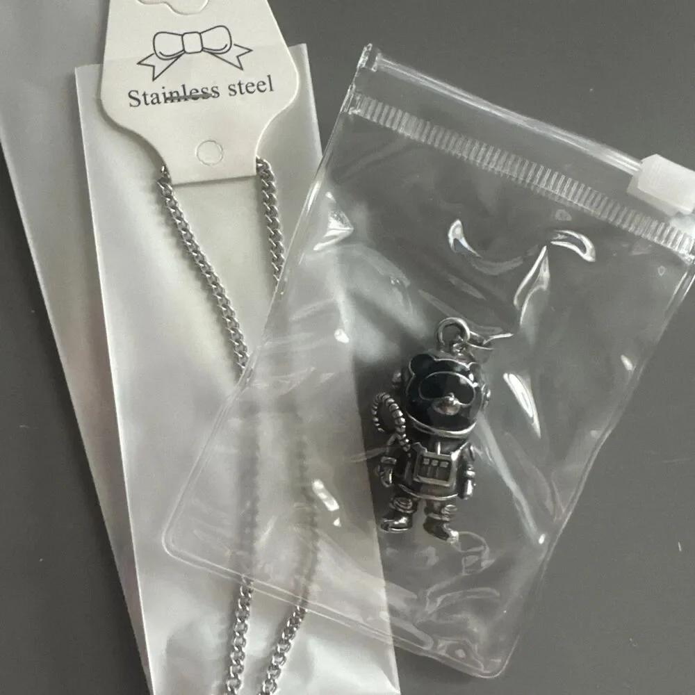 Astronaut Bear Stainless Steel Pendant 24 Inch Cuban Link Chain Gift Trendy